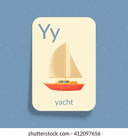 Alphabet Flash Card for play and Education. Letter "Y" is for Yacht. Vintage design illustration. Easy printable. Eps10 vector illustration.