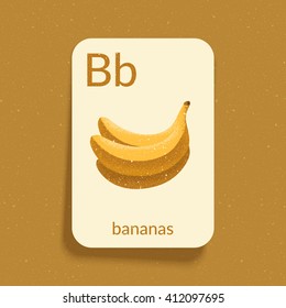 Alphabet Flash Card for play and Education. Letter "B" is for Bananas. Vintage design illustration. Easy printable. Eps10 vector illustration.