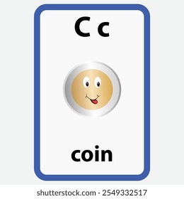 Alphabet flashcard for children with the letter c from coin

