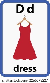 Alphabet flashcard for children with the letter d from dress