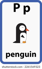 Alphabet flashcard for children with the letter p from penguin