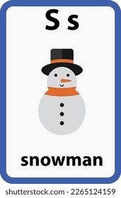 Alphabet flashcard for children with the letter s from snowman