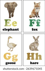 Alphabet flashcard featuring E F G H with animals. Ideal for nursery decor, educational posters, and toddler learning materials.