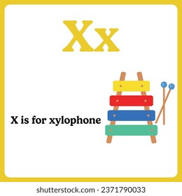 Alphabet flashcard for kids. Learning letters. Letter X is for xylophone.