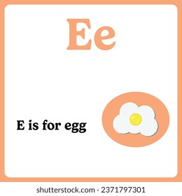 Alphabet flashcard for kids. Learning letters. Letter E is for egg.