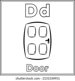 Alphabet flashcard letter D with cute door drawing sketch for coloring
