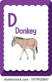 Alphabet flashcard with letter D for Donkey illustration