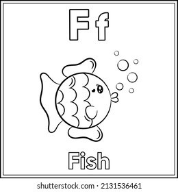 Alphabet flashcard letter F with cute fish drawing sketch for coloring
