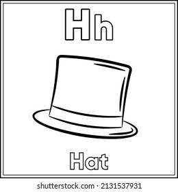Alphabet flashcard letter H with cute hat drawing sketch for coloring