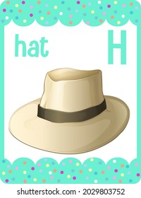 Alphabet flashcard with letter H for Hat illustration
