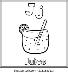 Alphabet flashcard letter J with cute juice drawing sketch for coloring