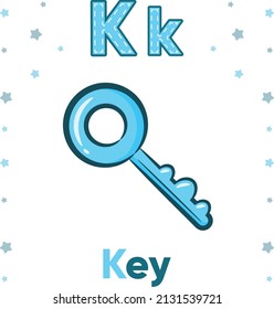Alphabet flashcard letter K with cute key drawing