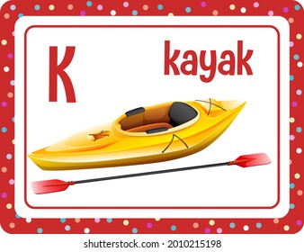 Alphabet flashcard with letter K and Kayak illustration