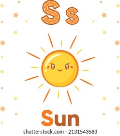 Alphabet flashcard letter S with cute sun drawing
