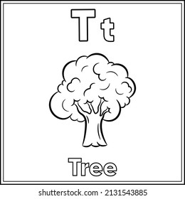 Alphabet flashcard letter T with cute tree drawing sketch for coloring