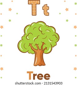 Alphabet flashcard letter T with cute tree drawing