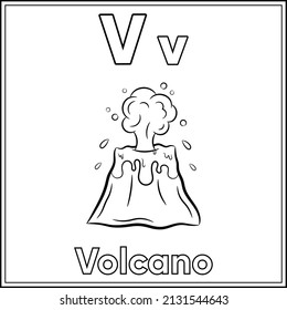 Alphabet Flashcard Letter V With Cute Volcano Drawing Sketch For Coloring