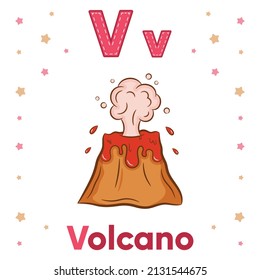 Alphabet Flashcard Letter V With Cute Volcano Drawing