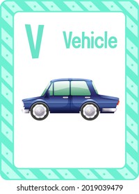 Alphabet flashcard with letter V for Vehicle illustration