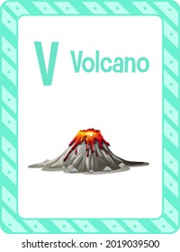 Alphabet flashcard with letter V for Volcano illustration