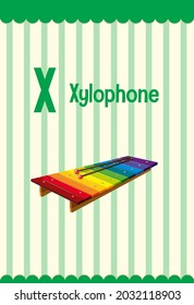 Alphabet flashcard with letter X for Xylophone illustration