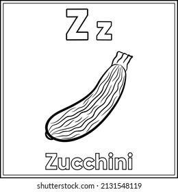 Alphabet Flashcard Letter Z With Cute Zucchini Drawing Sketch For Coloring