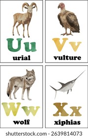 Alphabet flashcard with letters U to X and animal illustrations. Perfect for preschool education, nursery art, and early learning tools.