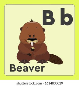 Alphabet flashcards with animals and English letters. A cute beaver