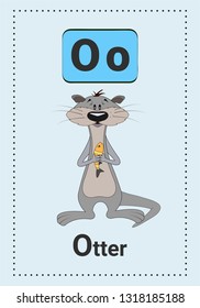 Alphabet flashcards with animals and letters for learning letters. A cute otter