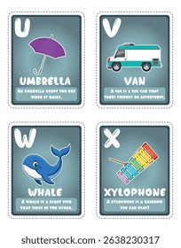 Alphabet flashcards for children with cute illustrations U - X