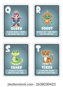 Alphabet flashcards for children with cute illustrations Q - T