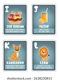 Alphabet flashcards for children with cute illustrations I - L