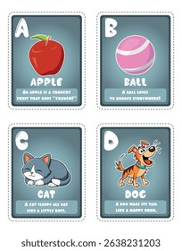 Alphabet flashcards for children with cute illustrations A-D