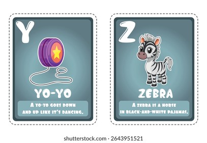 Alphabet flashcards for children with cute illustrations Y - Z