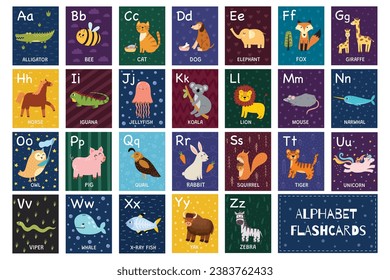 Alphabet flashcards collection with cute animals. ABC flash cards set for practicing reading skills. Great for school and preschool. Vector illustration