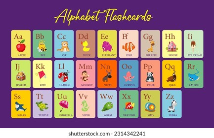 alphabet flashcards for kids, learning animals