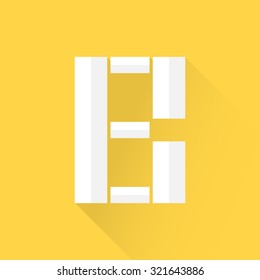 Alphabet with flat design and long shadow on yellow background, B, vector illustration