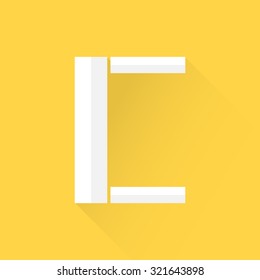 Alphabet with flat design and long shadow on yellow background, C, vector illustration