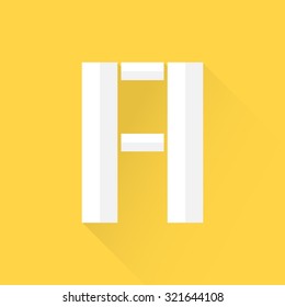 Alphabet with flat design and long shadow on yellow background, A, vector illustration