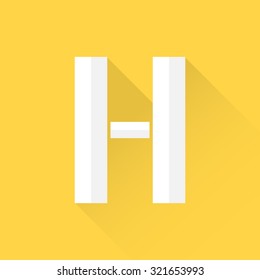 Alphabet with flat design and long shadow on yellow background, H, vector illustration