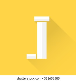 Alphabet with flat design and long shadow on yellow background, J, vector illustration
