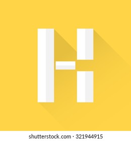 Alphabet with flat design and long shadow on yellow background, K, vector illustration