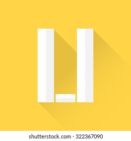 Alphabet with flat design and long shadow on yellow background, U, vector illustration
