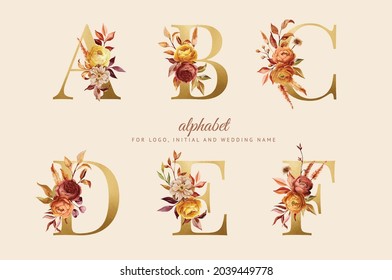 Alphabet, floral autumn set letters with watercolor painting flowers roses and leaves. Isolated monogram initials perfectly for wedding invitations, greeting card, logo, poster and other