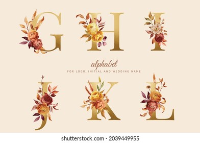 Alphabet, floral autumn set letters with watercolor painting flowers roses and leaves. Isolated monogram initials perfectly for wedding invitations, greeting card, logo, poster and other