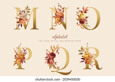 Alphabet, floral autumn set letters with watercolor painting flowers roses and leaves. Isolated monogram initials perfectly for wedding invitations, greeting card, logo, poster and other