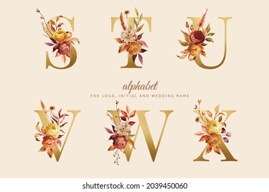 Alphabet, floral autumn set letters with watercolor painting flowers roses and leaves. Isolated monogram initials perfectly for wedding invitations, greeting card, logo, poster and other