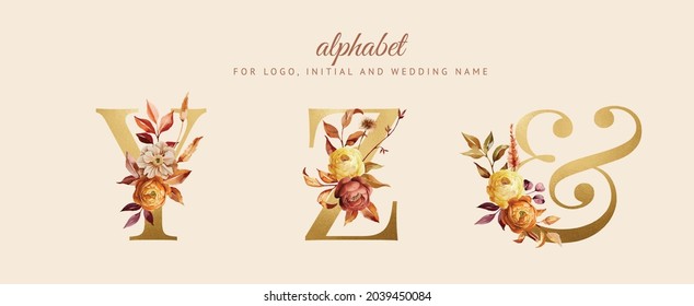 Alphabet, floral autumn set letters with watercolor painting flowers roses and leaves. Isolated monogram initials perfectly for wedding invitations, greeting card, logo, poster and other