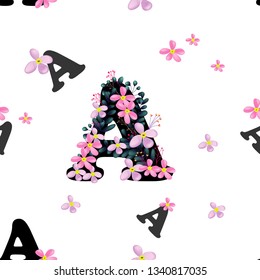 A alphabet floral letter seamless pattern on white background and pink purple flowers. Great for character design of fabric, wallpaper, backdrop, wrapping, custom name.