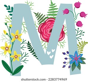 Alphabet, floral set letters with flowers colored,leaves and hearts. Isolated monogram initials perfectly for wedding invitations, greeting card, logo, poster. 